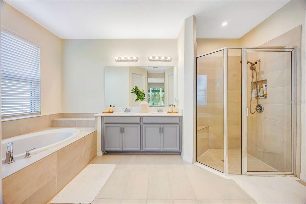 Bathroom, Dual Sink Vanities, Glass Shower, Interior, Recessed Lighting