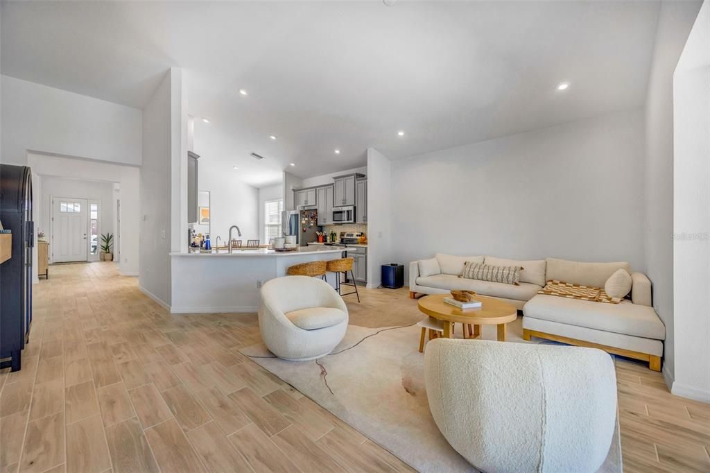 Interior, Kitchen, Living room, Recessed Lighting, Wood Texture Flooring