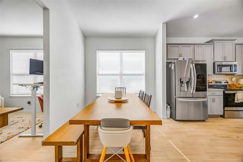 Dining room, Interior, Kitchen, Recessed Lighting, Wood Texture Flooring