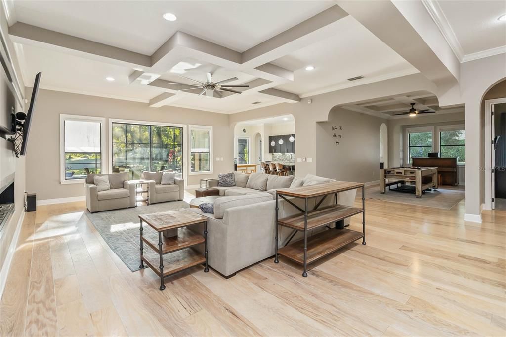 Fireplace, Interior, Living room, Recessed Lighting, Wood Texture Flooring