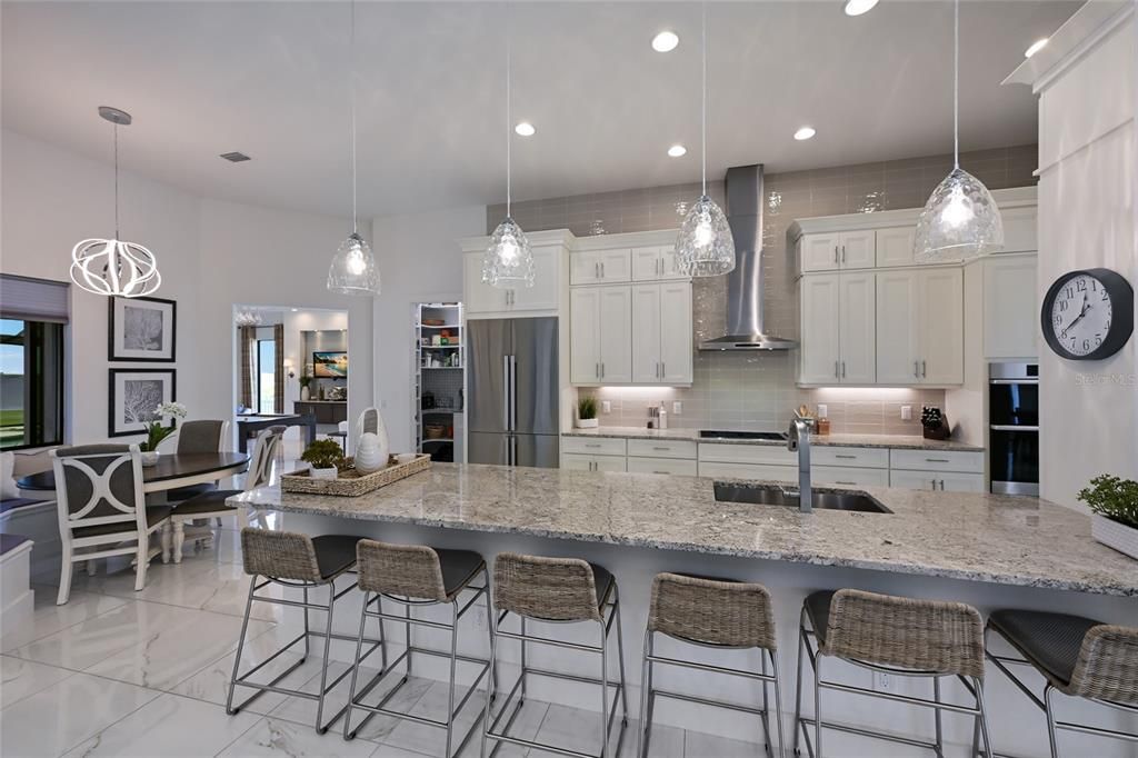 Dining room, Interior, Kitchen, Marble, Pendant Lights, Recessed Lighting, Stainless Steel Appliances