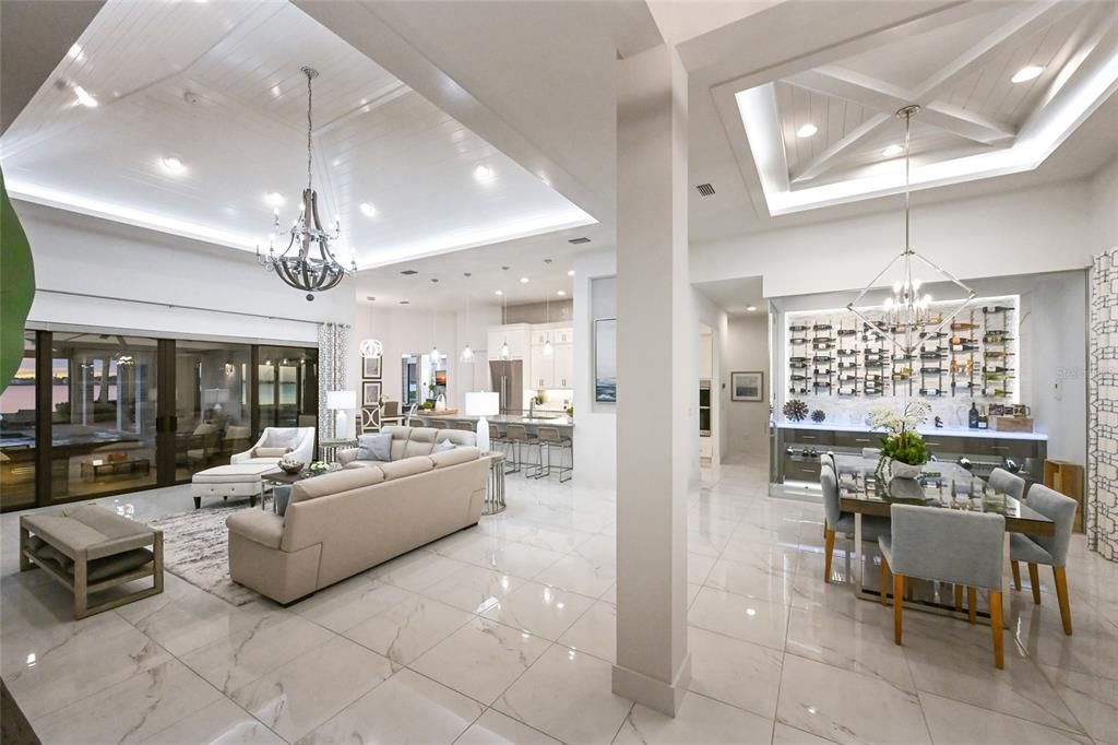 Chandelier, Dining room, Interior, Kitchen, Living room, Marble, Pendant Lights, Recessed Lighting