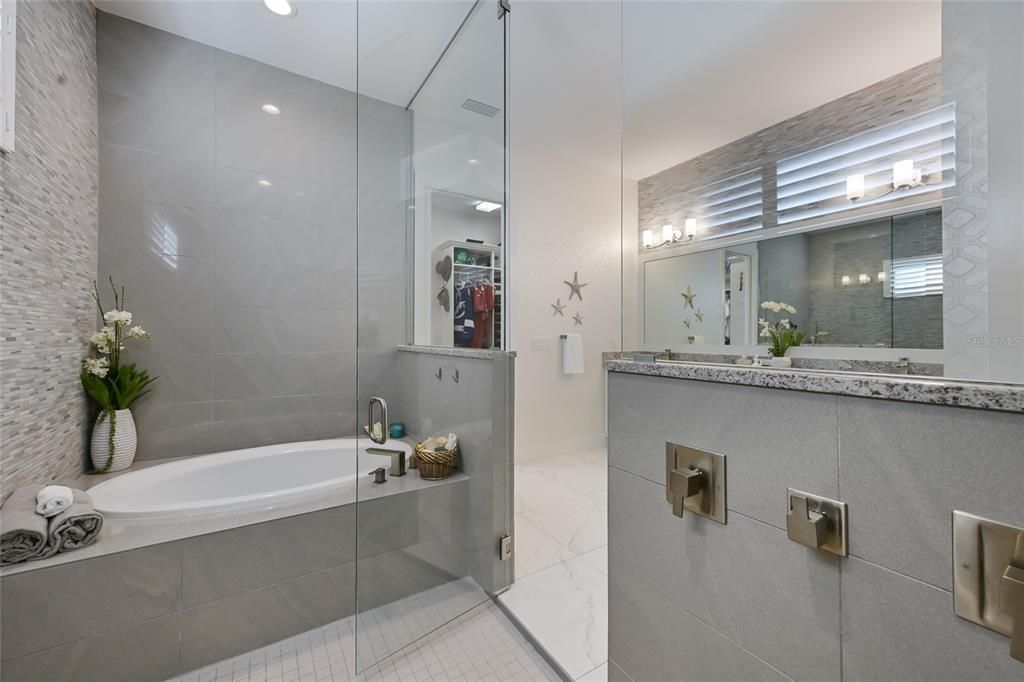 Bathroom, Glass Shower, Interior, Marble, Recessed Lighting