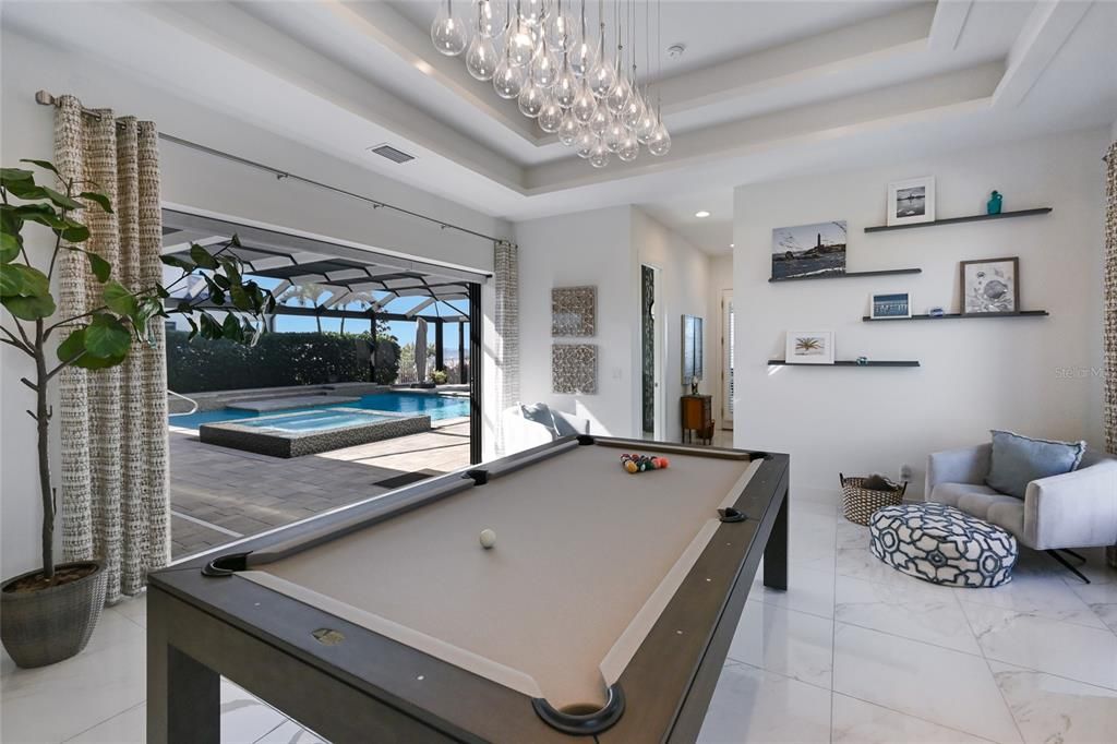 Billiard Table, Game Room, Interior, Marble, Pendant Lights, Recessed Lighting