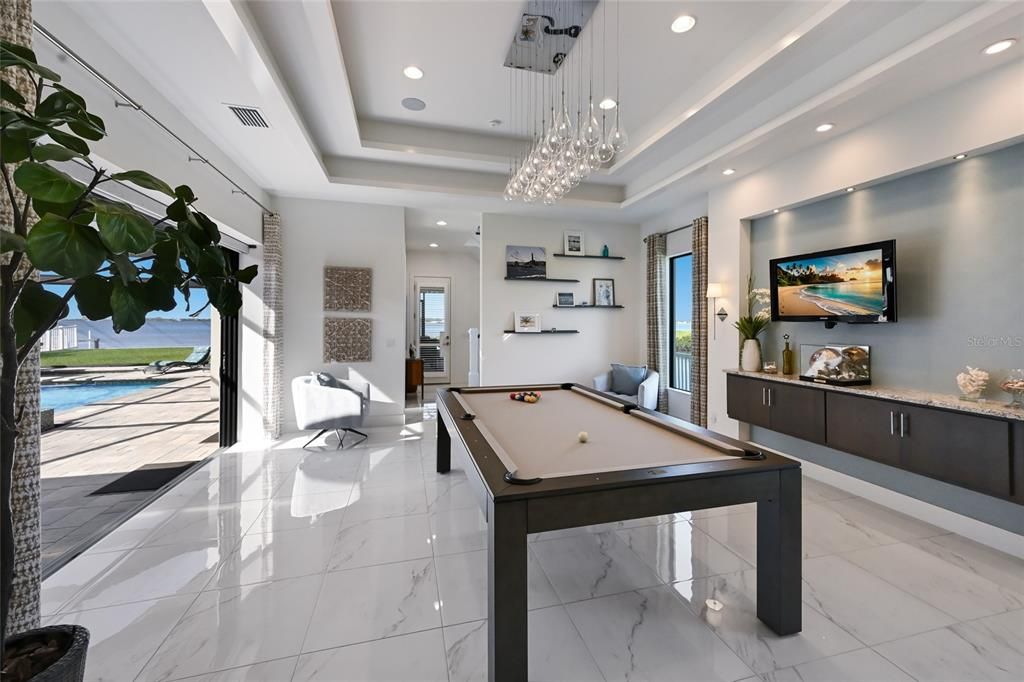 Billiard Table, Game Room, Interior, Marble, Pendant Lights, Recessed Lighting