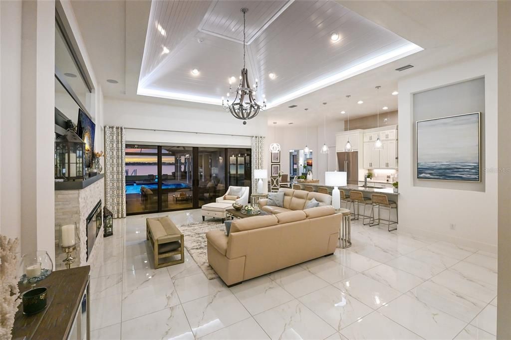 Fireplace, Interior, Living room, Marble, Pendant Lights, Recessed Lighting