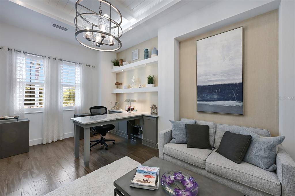 Chandelier, Home Office, Interior, Pendant Lights, Wood Texture Flooring