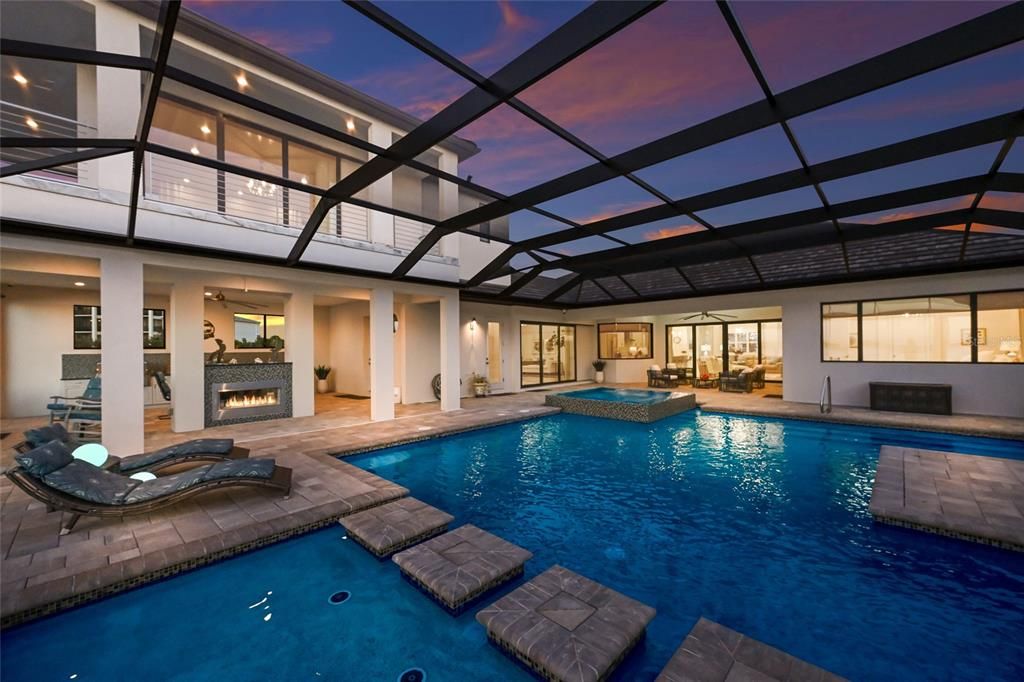 Fireplace, Glass Ceilings, Interior, Pool, Sun Room