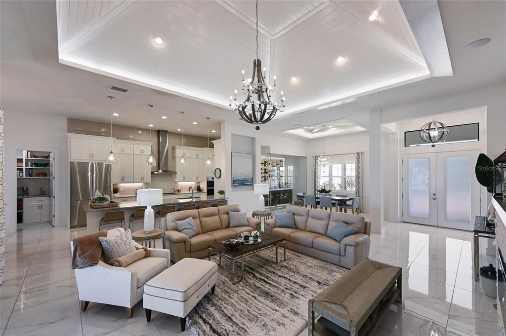Chandelier, Dining room, Interior, Kitchen, Living room, Pendant Lights, Recessed Lighting, Stainless Steel Appliances