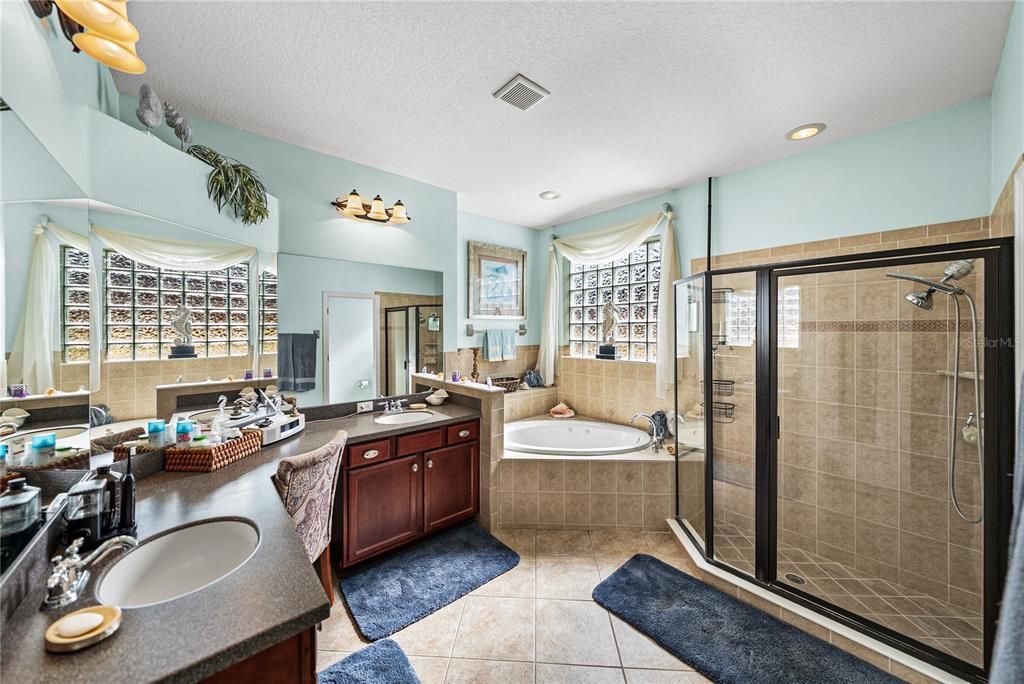 Bathroom, Dual Sink Vanities, Glass Shower, Interior, Recessed Lighting