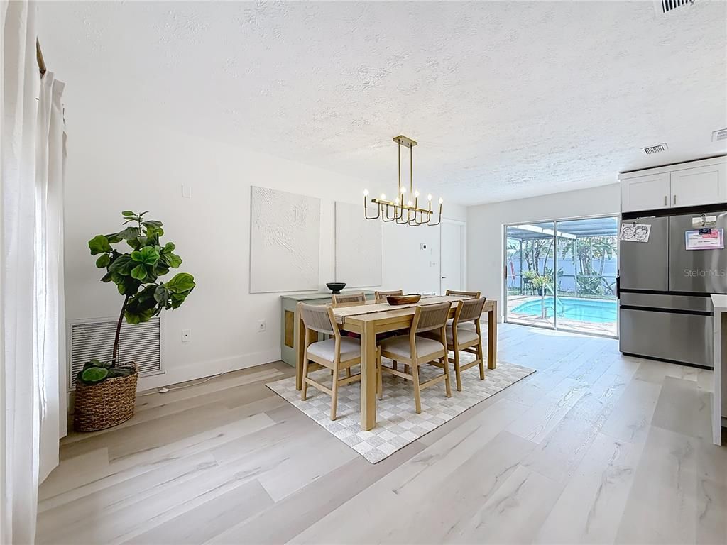 Dining room, Interior, Kitchen, Pendant Lights, Wood Texture Flooring