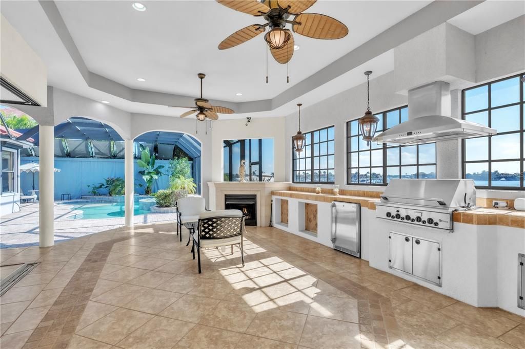 Fireplace, Interior, Kitchen, Pendant Lights, Recessed Lighting, Stainless Steel Appliances