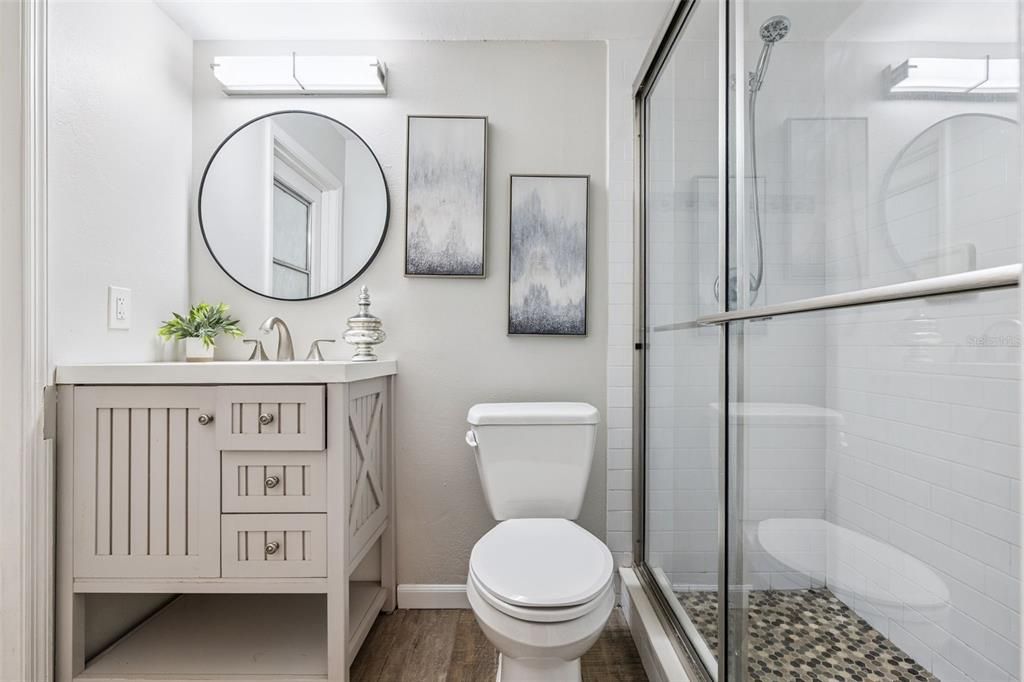 Bathroom, Glass Shower, Interior, Wood Texture Flooring