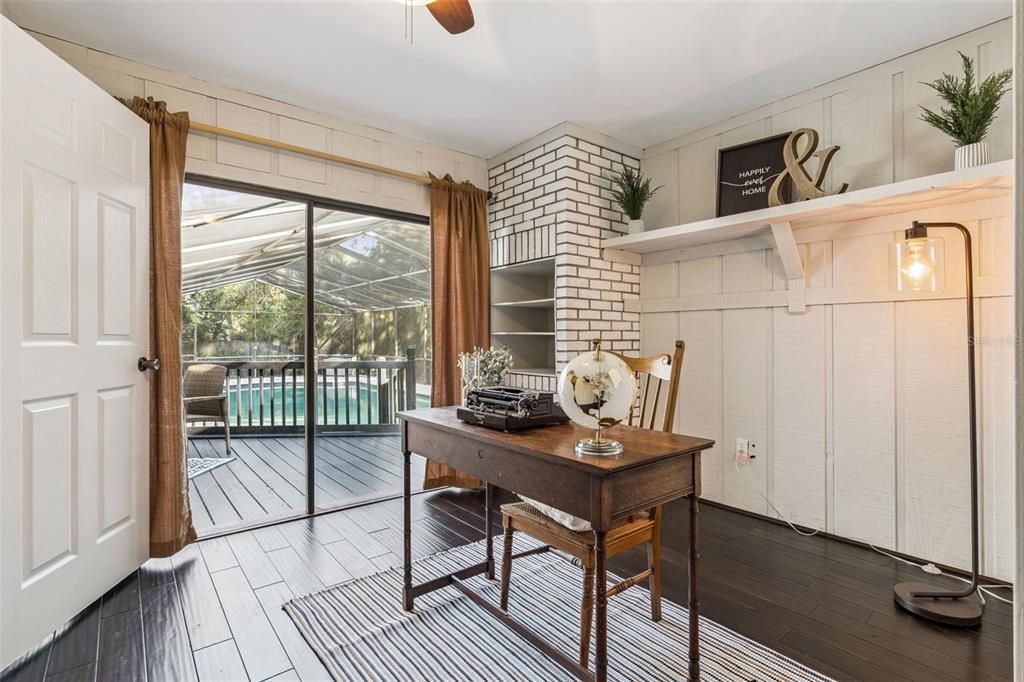 Home Office, Interior, Stone Walls, Wood Texture Flooring