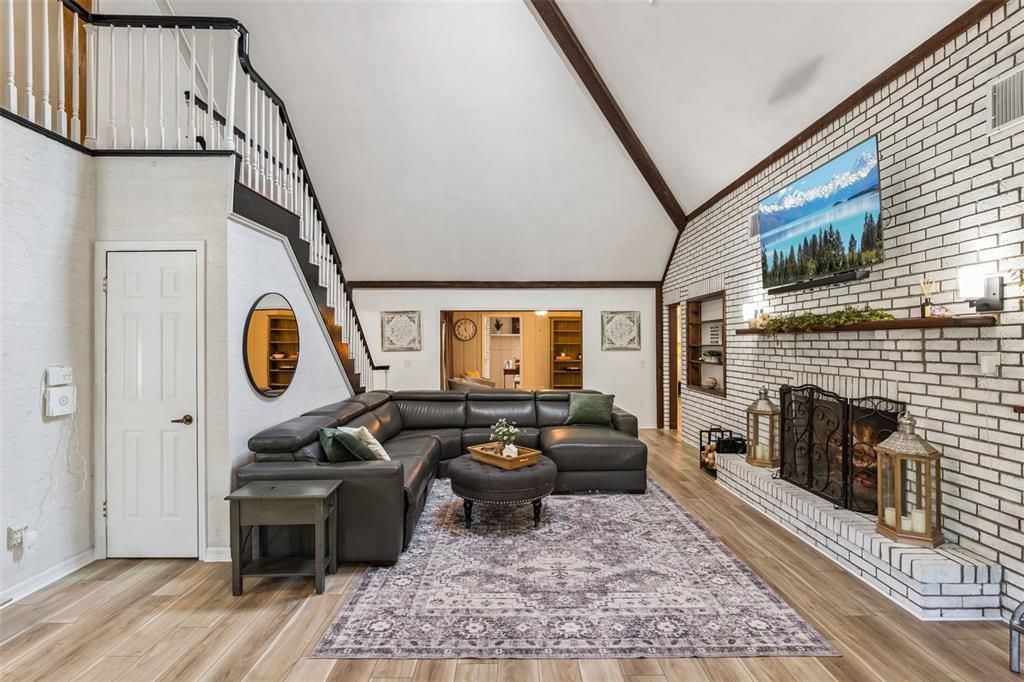 Fireplace, Interior, Living room, Stone Walls, Wood Texture Flooring