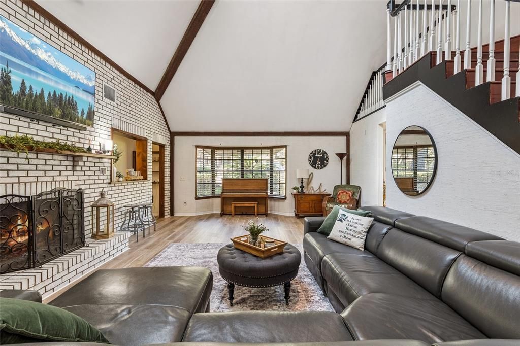 Fireplace, Interior, Living room, Stone Walls, Wood Texture Flooring