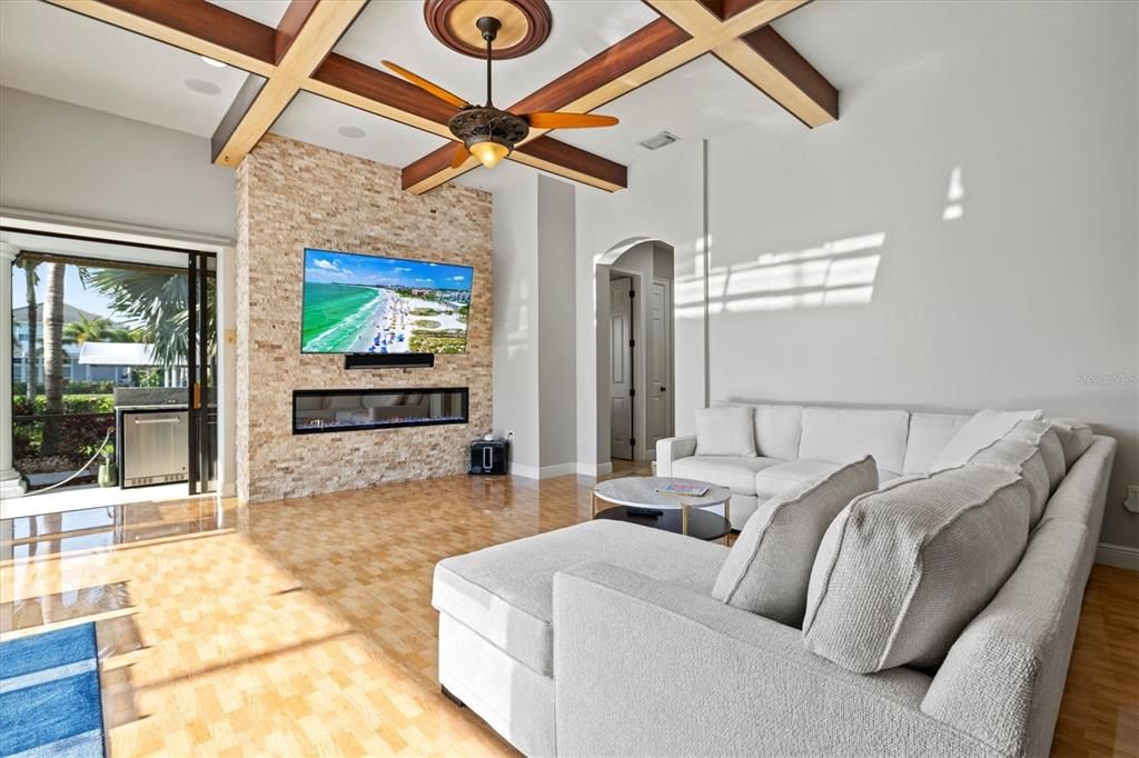 Fireplace, Interior, Living room, Recessed Lighting, Stone Walls, Wooden Beams, Wood Texture Flooring