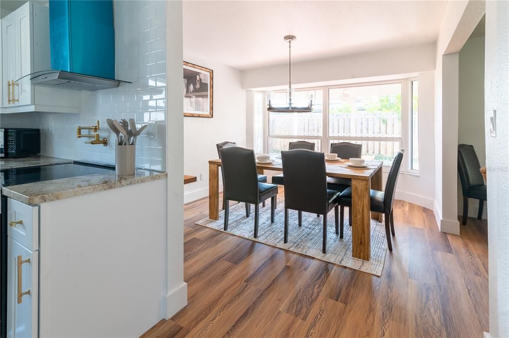 Dining room, Interior, Pendant Lights, Wood Texture Flooring