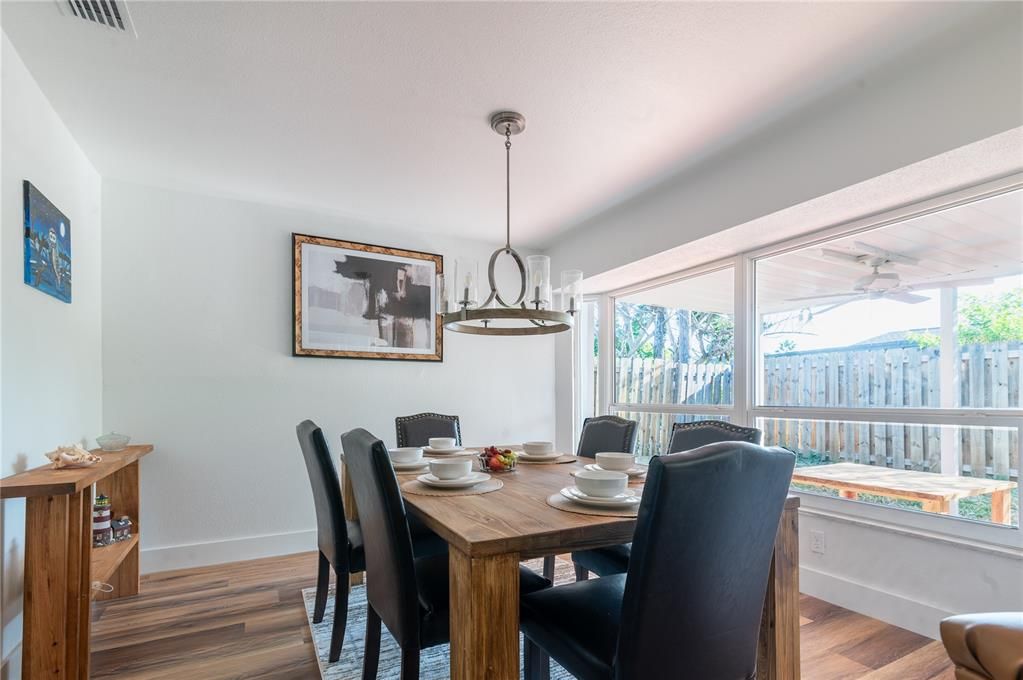 Dining room, Interior, Pendant Lights, Wood Texture Flooring