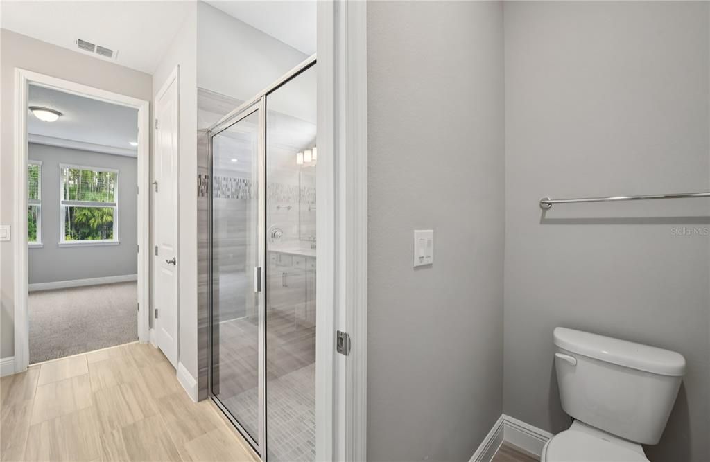 Bathroom, Glass Shower, Interior, Wood Texture Flooring