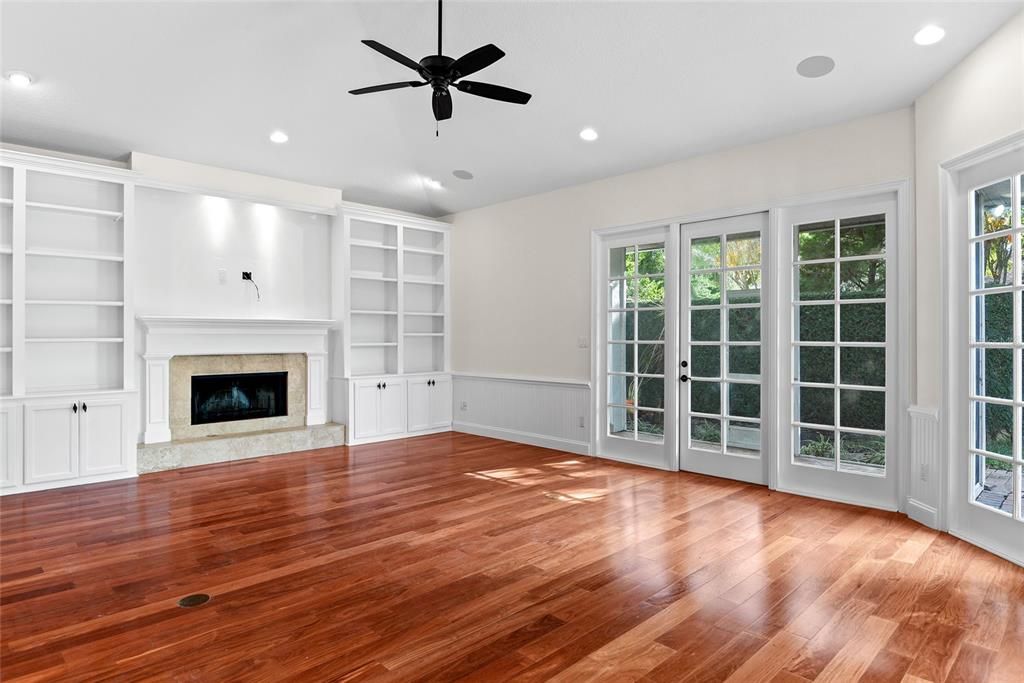 Empty room, Fireplace, Interior, Recessed Lighting, Wood Texture Flooring