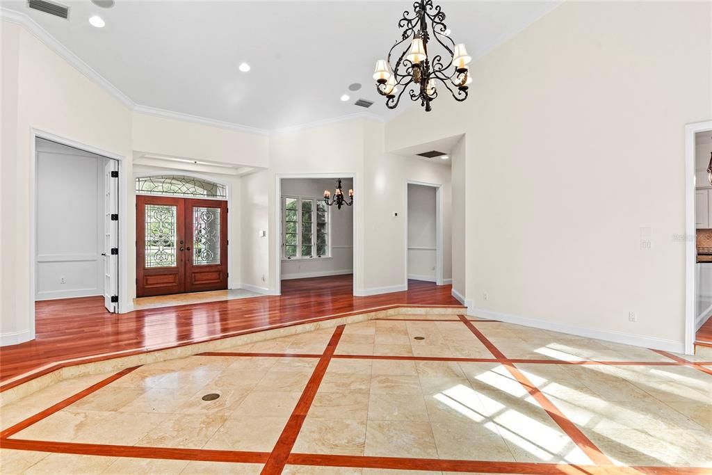Chandelier, Empty room, Interior, Recessed Lighting, Wood Texture Flooring