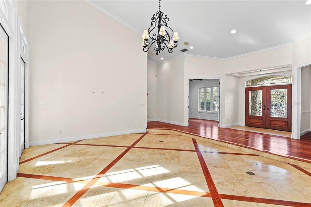 Chandelier, Empty room, Interior, Recessed Lighting, Wood Texture Flooring