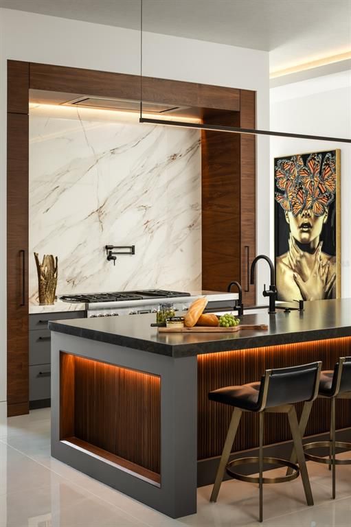 Interior, Kitchen, Marble Walls, Pendant Lights