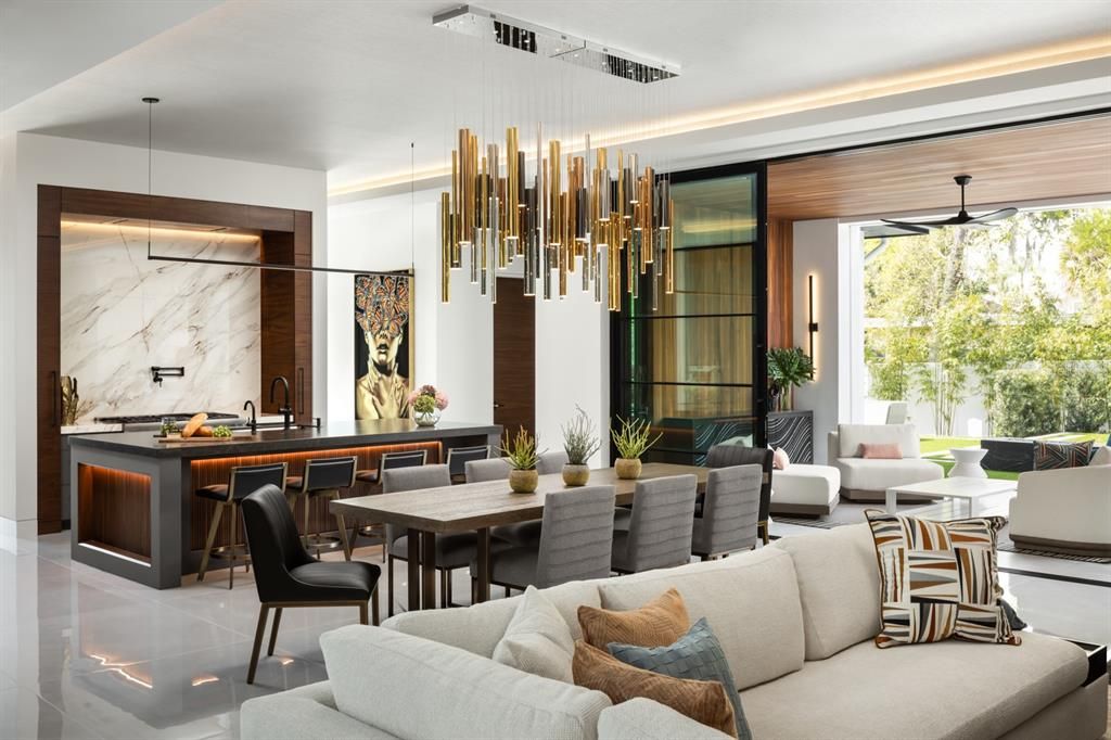 Dining room, Interior, Living room, Marble Walls, Pendant Lights