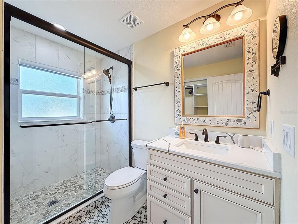 Bathroom, Glass Shower, Interior, Marble Walls, Recessed Lighting