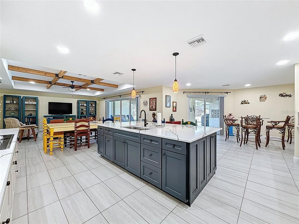 Dining room, Interior, Kitchen, Living room, Pendant Lights, Recessed Lighting, Wooden Beams