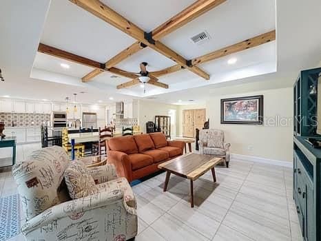 Dining room, Interior, Kitchen, Living room, Pendant Lights, Recessed Lighting, Stainless Steel Appliances, Wooden Beams