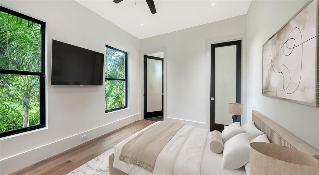 Bedroom, Interior, Recessed Lighting, Wood Texture Flooring