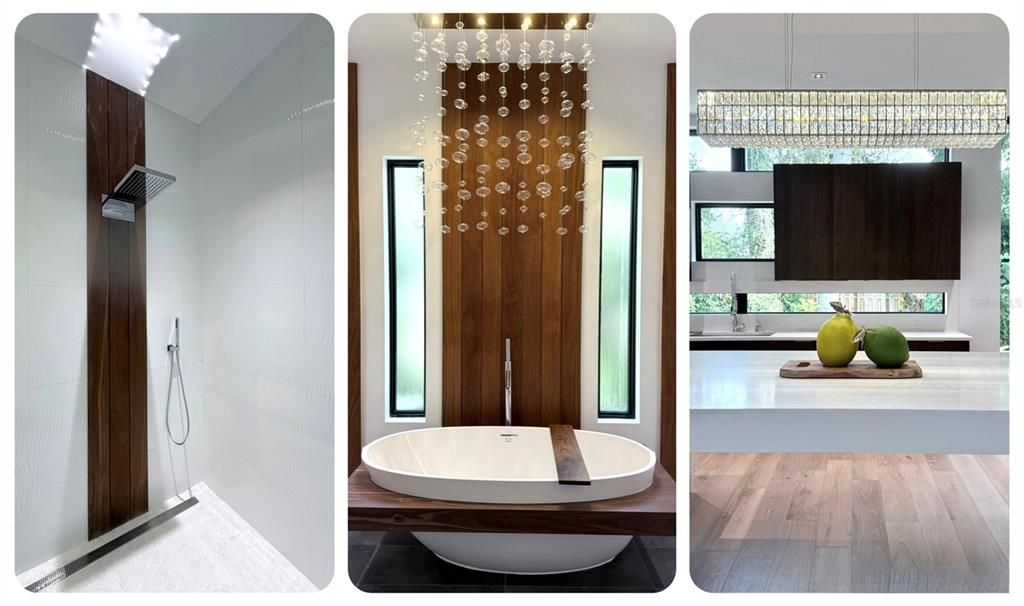 Bathroom, Chandelier, Free Standing Baths, Interior, Wood Texture Flooring