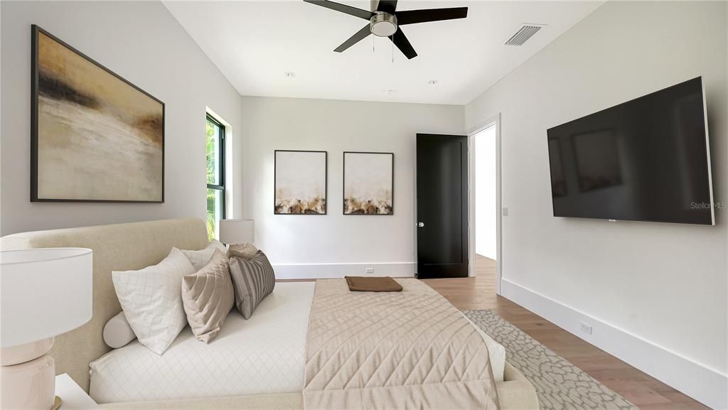 Bedroom, Interior, Recessed Lighting, Wood Texture Flooring