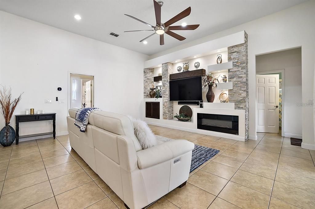 Fireplace, Interior, Living room, Recessed Lighting, Stone Walls