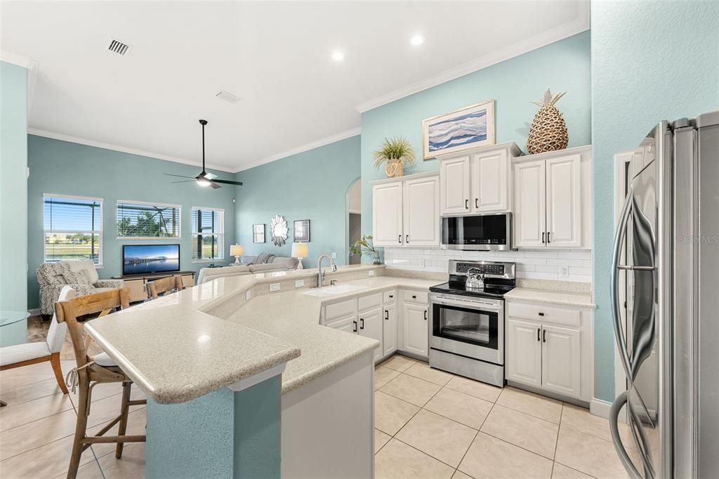Dining room, Interior, Kitchen, Living room, Recessed Lighting, Stainless Steel Appliances