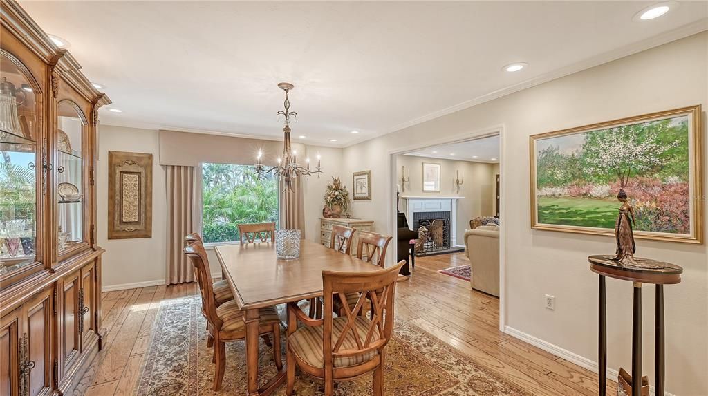 Chandelier, Dining room, Fireplace, Interior, Recessed Lighting, Wood Texture Flooring