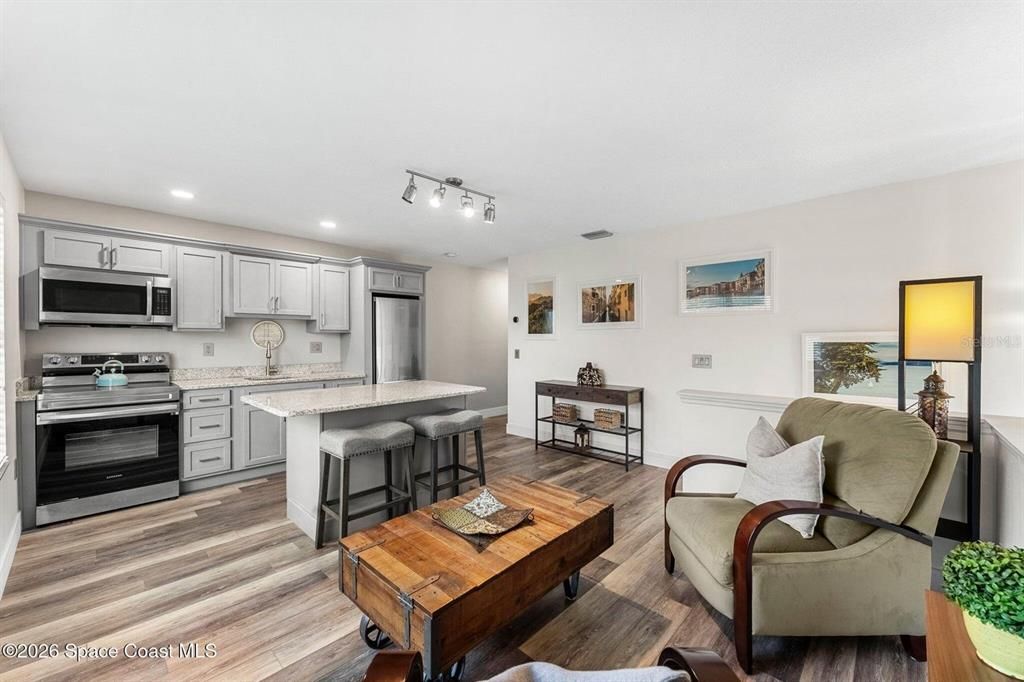 Interior, Kitchen, Living room, Recessed Lighting, Stainless Steel Appliances, Wood Texture Flooring