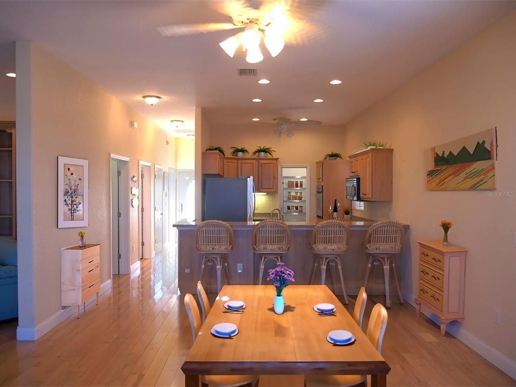Dining room, Interior, Kitchen, Recessed Lighting, Wood Texture Flooring