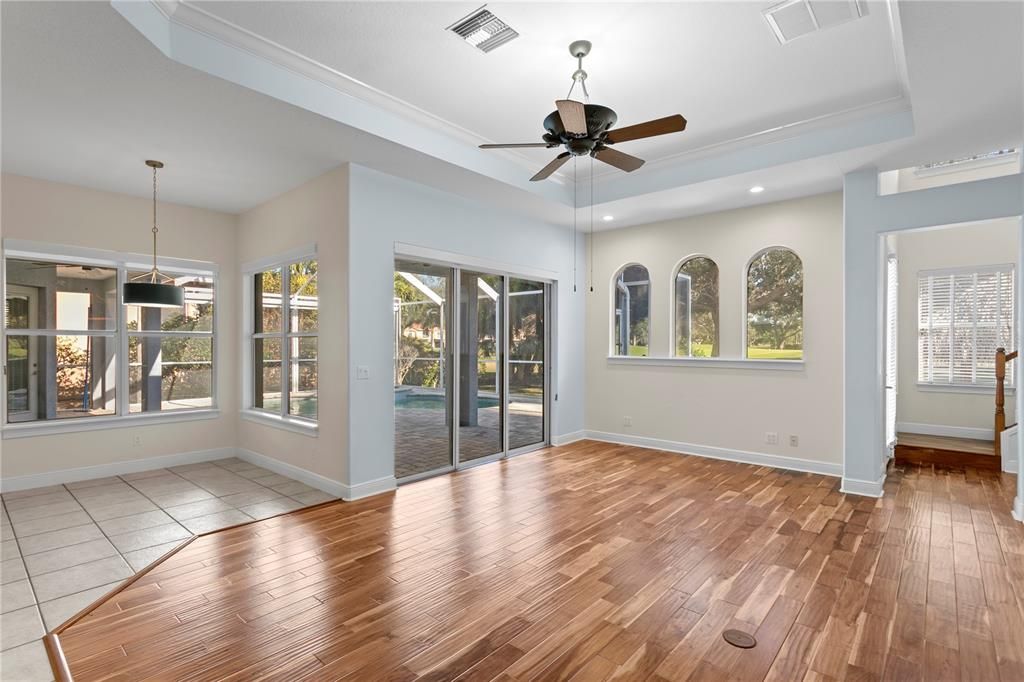 Empty room, Interior, Pendant Lights, Recessed Lighting, Wood Texture Flooring