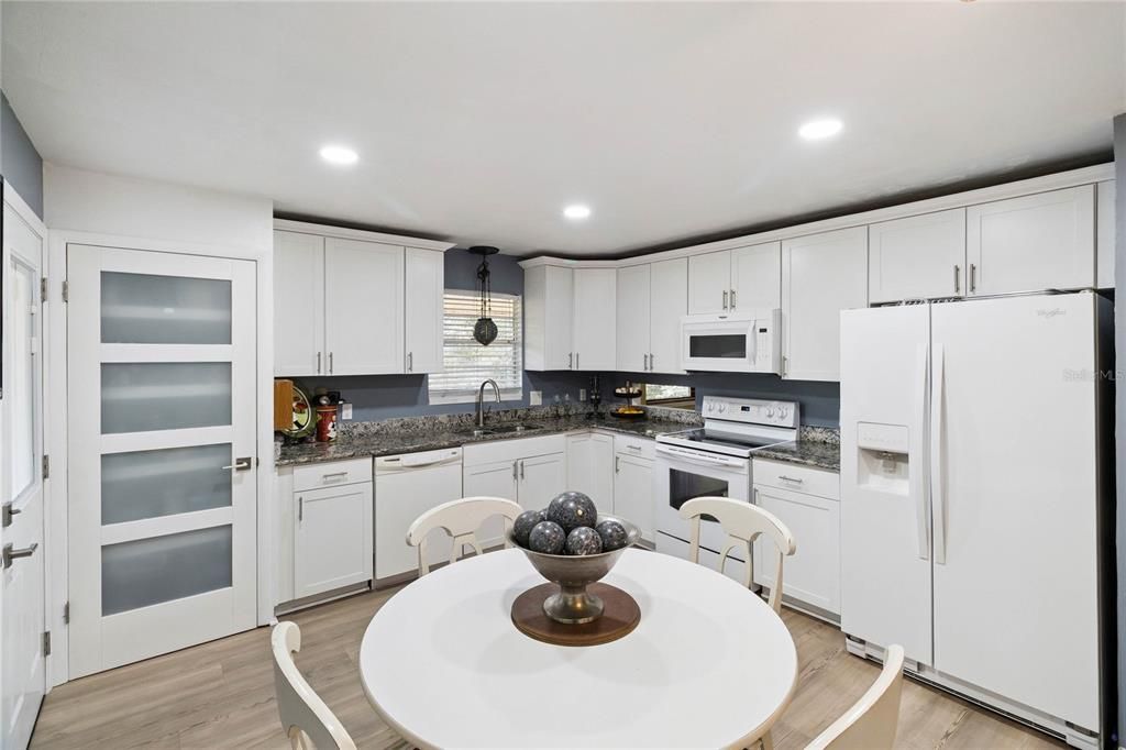 Dining room, Interior, Kitchen, Recessed Lighting, Wood Texture Flooring