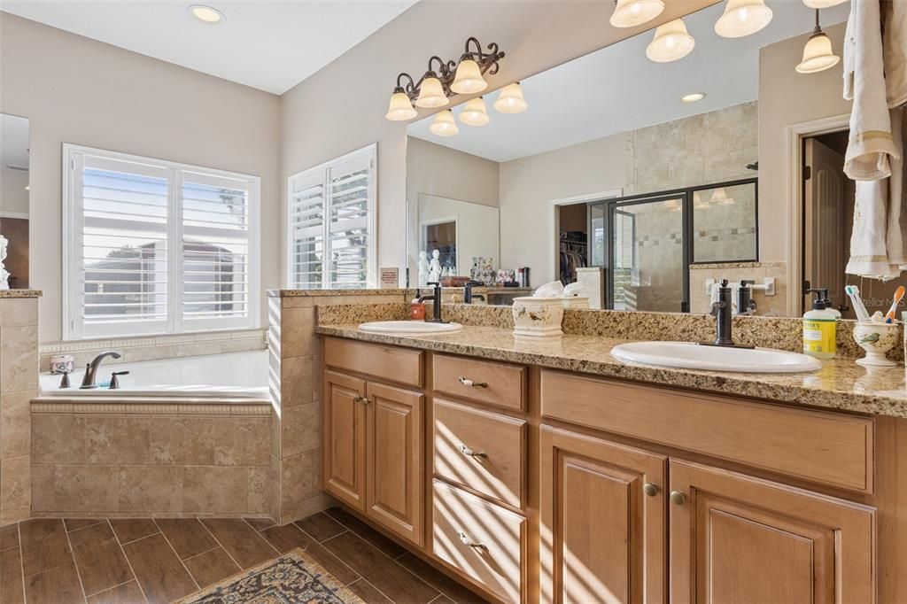 Bathroom, Dual Sink Vanities, Interior, Recessed Lighting, Wood Texture Flooring