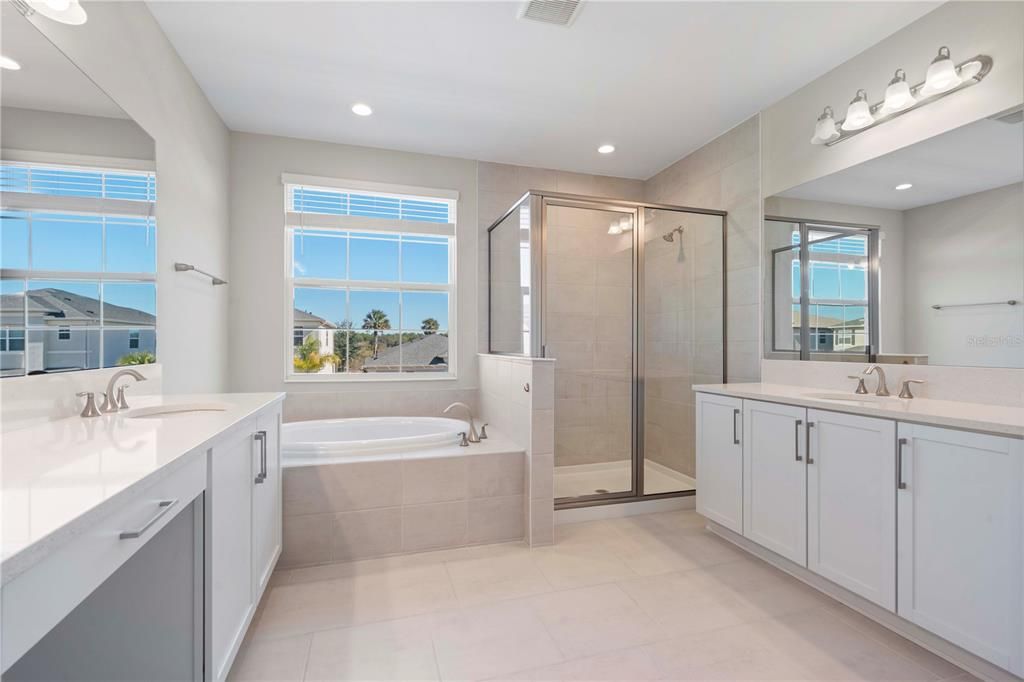 Bathroom, Dual Sink Vanities, Glass Shower, Interior, Recessed Lighting