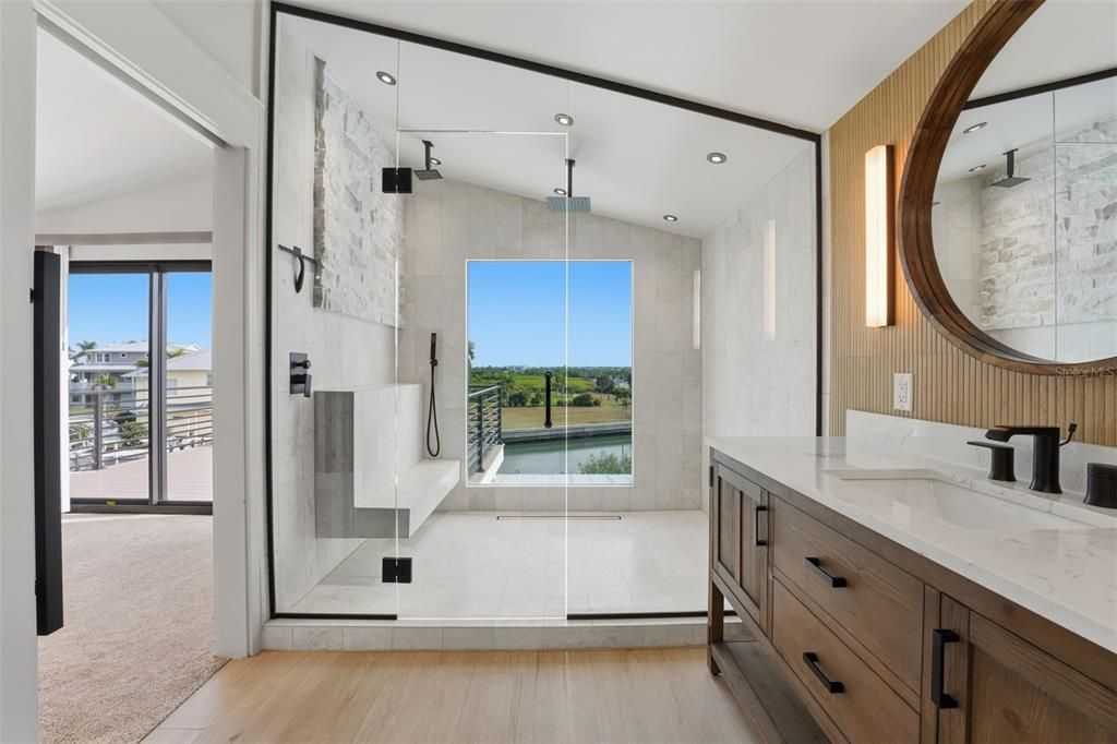 Bathroom, Dual Sink Vanities, Glass Shower, Interior, Recessed Lighting, Wood Texture Flooring