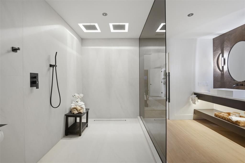Bathroom, Glass Shower, Interior, Recessed Lighting, Wood Texture Flooring