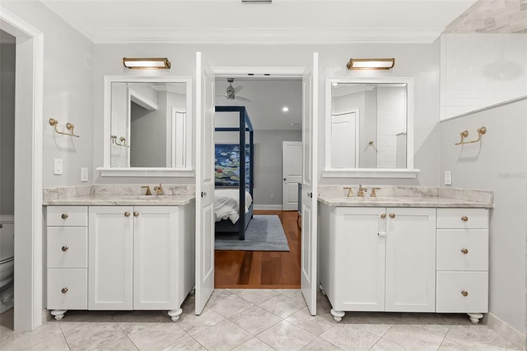 Bathroom, Bedroom, Dual Sink Vanities, Interior, Recessed Lighting, Wood Texture Flooring