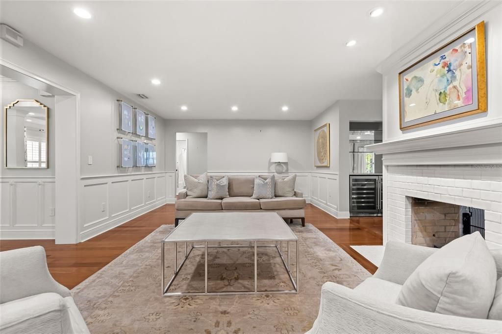 Fireplace, Interior, Living room, Recessed Lighting, Wood Texture Flooring