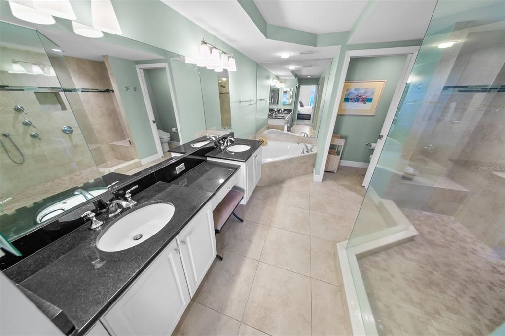 Bathroom, Dual Sink Vanities, Glass Shower, Interior, Recessed Lighting