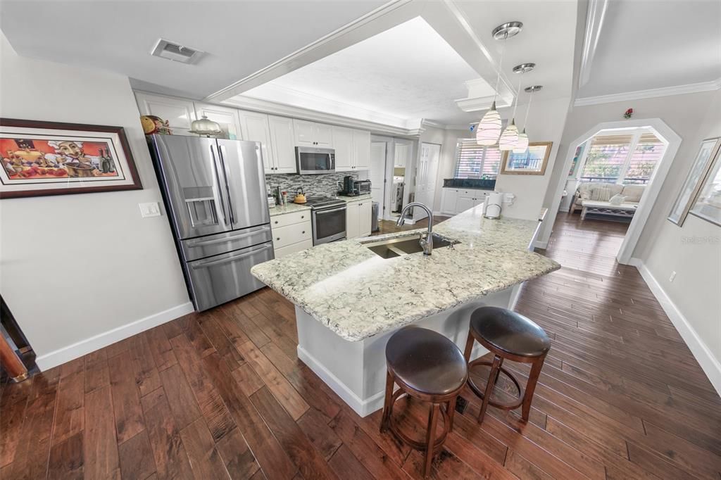 Interior, Kitchen, Pendant Lights, Stainless Steel Appliances, Wood Texture Flooring